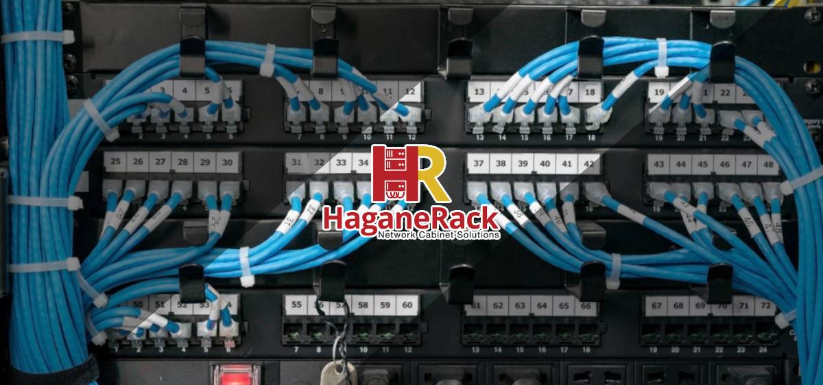 Manajemen kabel jaringan dan patch panel di rack server untuk instalasi jaringan data center dan ruang server